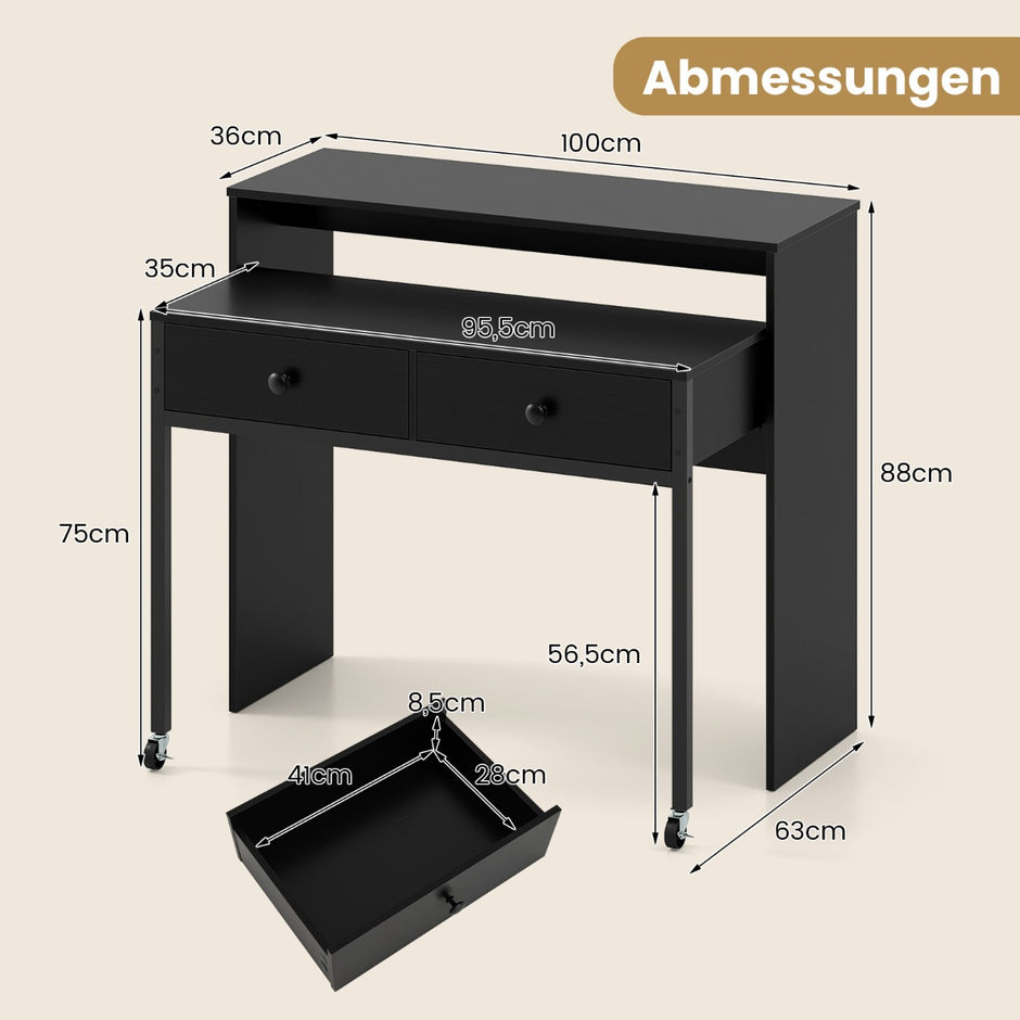 Utdragbart – skrivbord, mindre datortabell med lådor och hjul – 2 100 x 63 x 88 cm – Svart