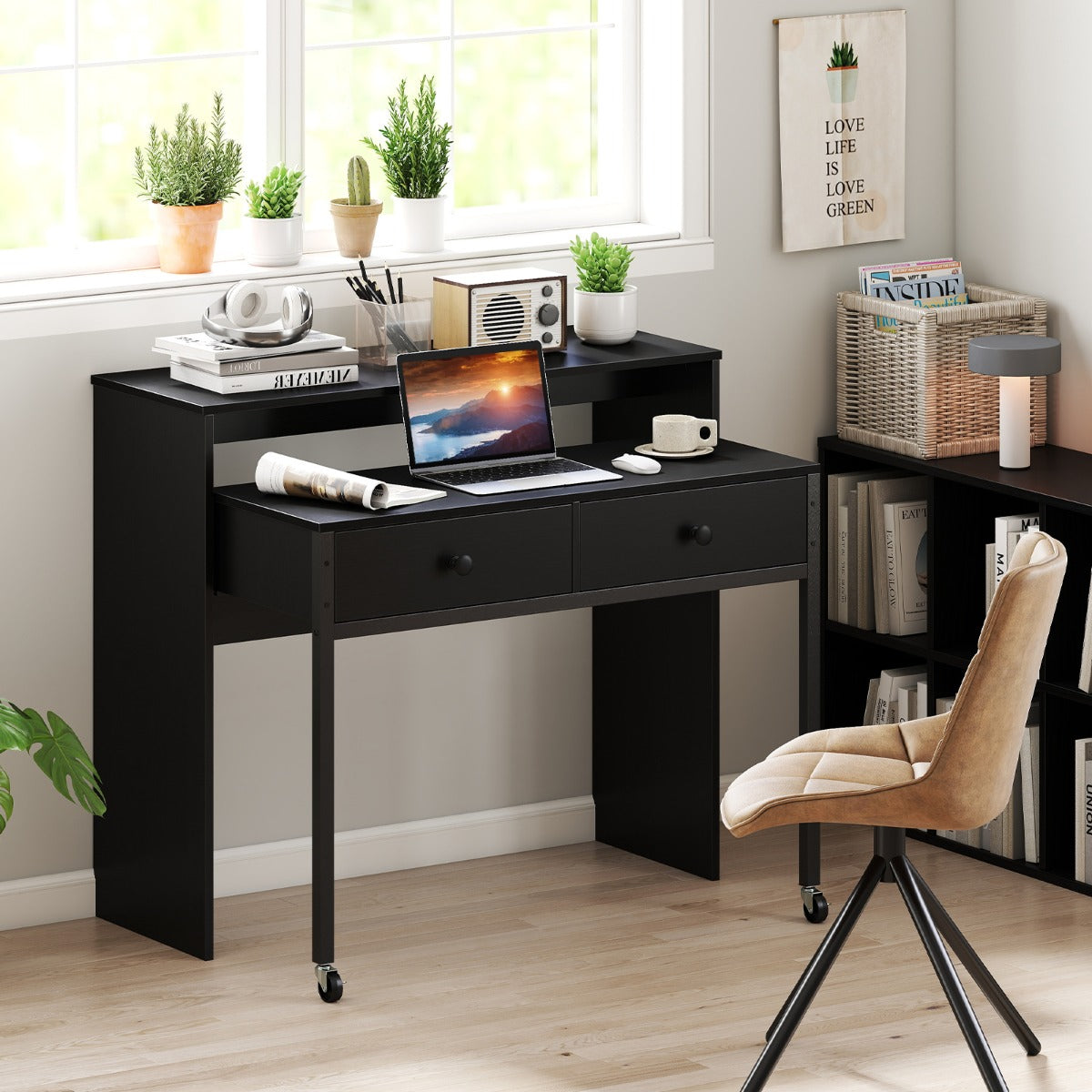 Utdragbart – skrivbord, mindre datortabell med lådor och hjul – 2 100 x 63 x 88 cm – Svart