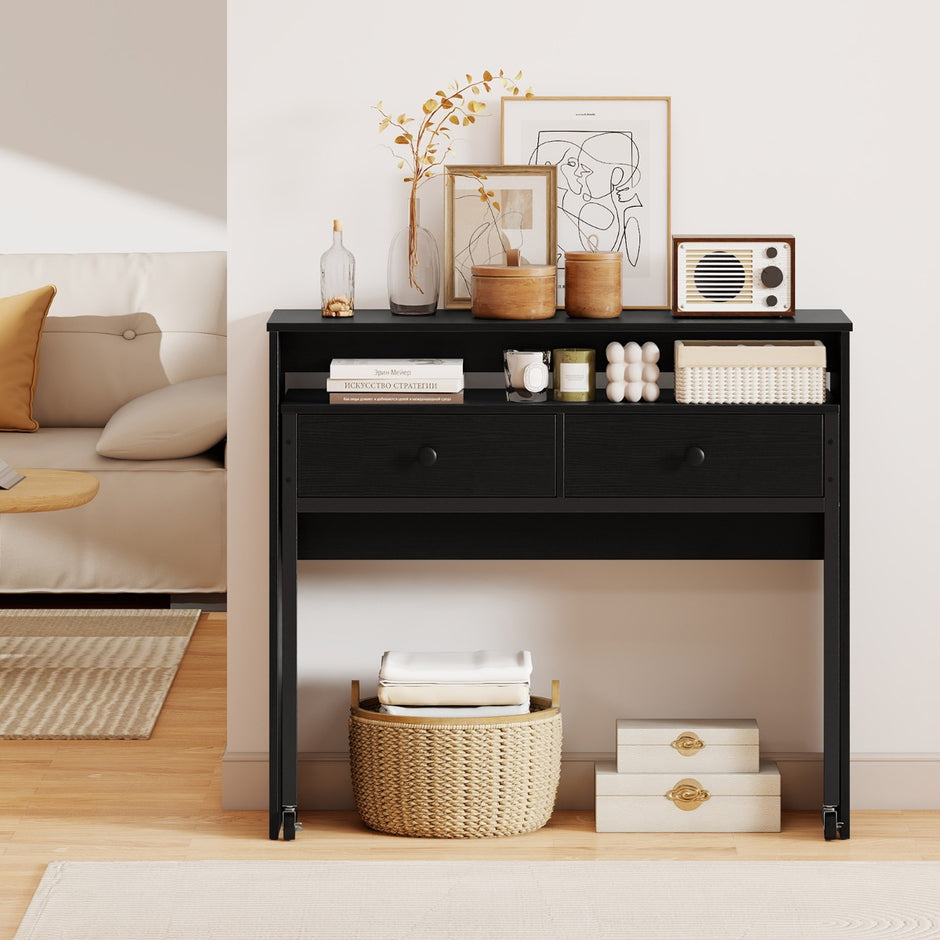 Utdragbart – skrivbord, mindre datortabell med lådor och hjul – 2 100 x 63 x 88 cm – Svart