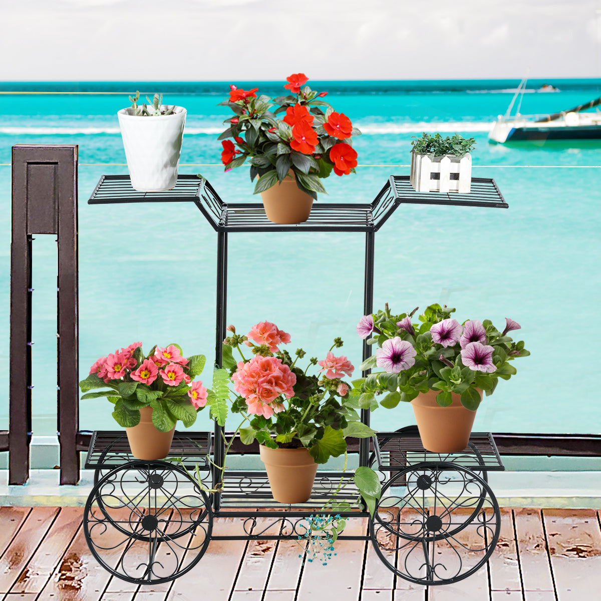 Dekorativt – blomsterställ Växtställ med hyllor Fristående blomstervagn för inom och utomhusbruk Metall – 6 80,5 x 25 x 75 – Svart