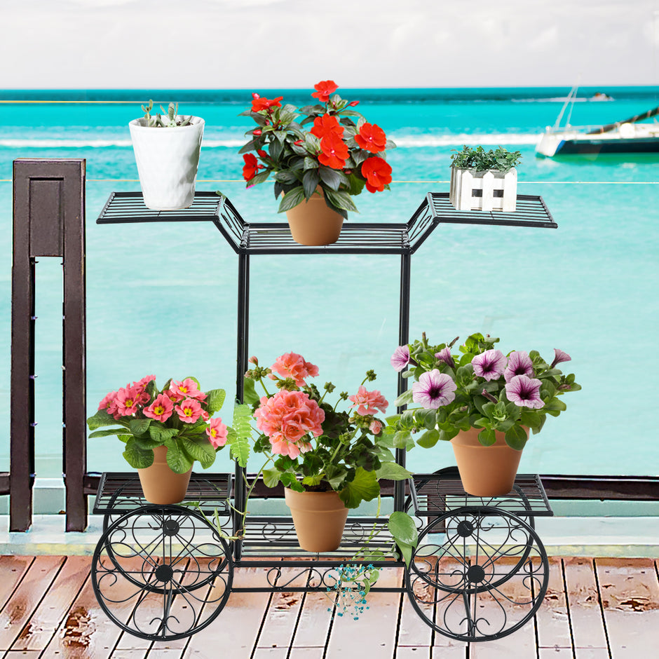 Dekorativt – blomsterställ Växtställ med hyllor Fristående blomstervagn för inom och utomhusbruk Metall – 6 80,5 x 25 x 75 – Svart