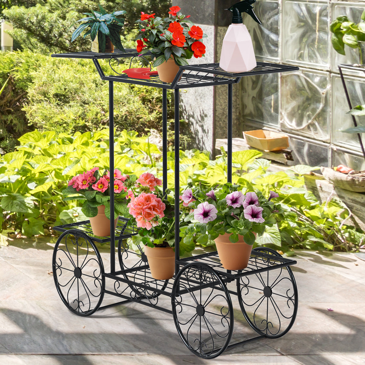 Dekorativt – blomsterställ Växtställ med hyllor Fristående blomstervagn för inom och utomhusbruk Metall – 6 80,5 x 25 x 75 – Svart