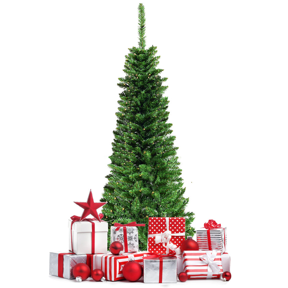 Julgran – smal med varmvita LED lampor konstgjord – 135 cm – Grön