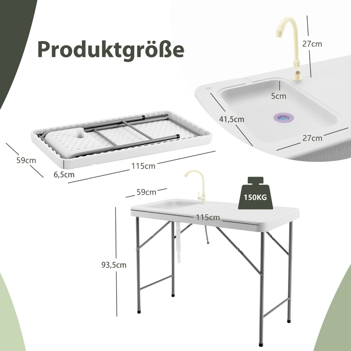 Fiskrengöringsbord – Bärbar fiskfilé och jaktstation med avloppsslang för diskbänk – Vit