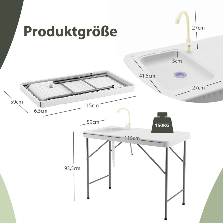 Fiskrengöringsbord – Bärbar fiskfilé och jaktstation med avloppsslang för diskbänk – Vit