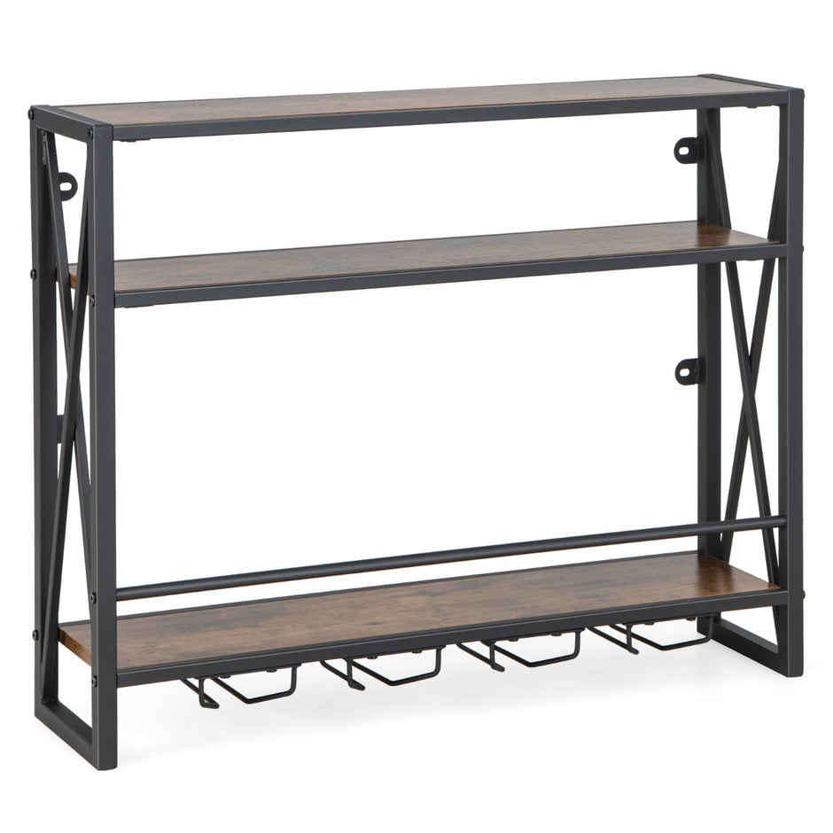 vånings – metallvägg vinställ med glashållare Industriell design – 3 – Rustik brun