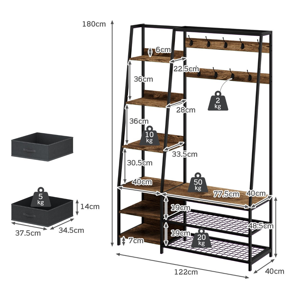 Industriell – garderob med skobänk för entrén Rustikbrun – 122 x 40 x 180 cm – Brun