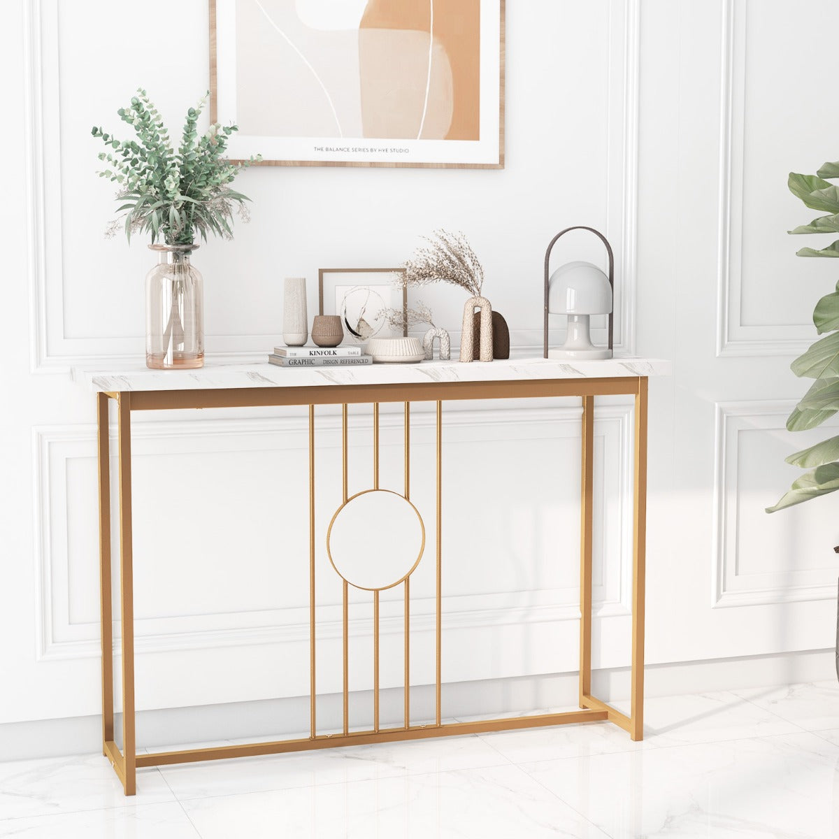 Konsolbord – i marmorlook med metallram och justerbara fotkuddar Smalt sidobord – Vit