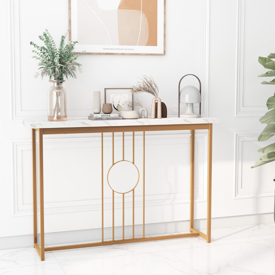 Konsolbord – i marmorlook med metallram och justerbara fotkuddar Smalt sidobord – Vit