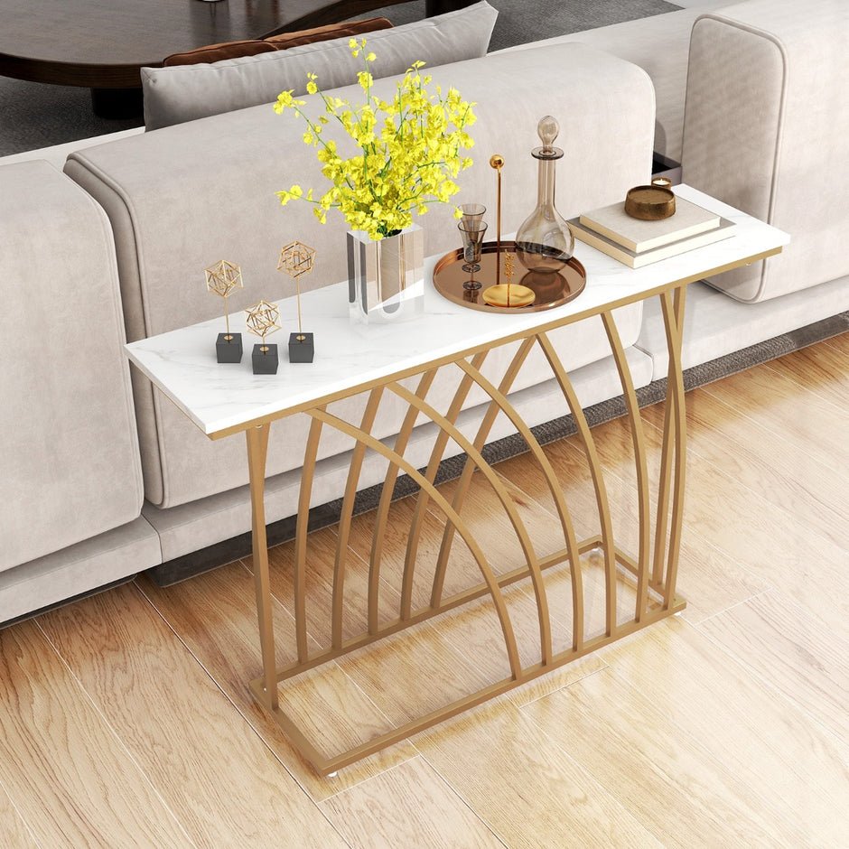 Smalt – konsolbord med marmorlook och geometrisk metallram – 120 x 30 x 80 cm – Guld