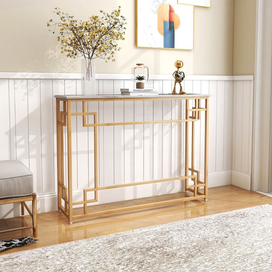 Konsolbord – med marmor och geometrisk metallram Entrébord smalt gyllene – Guld