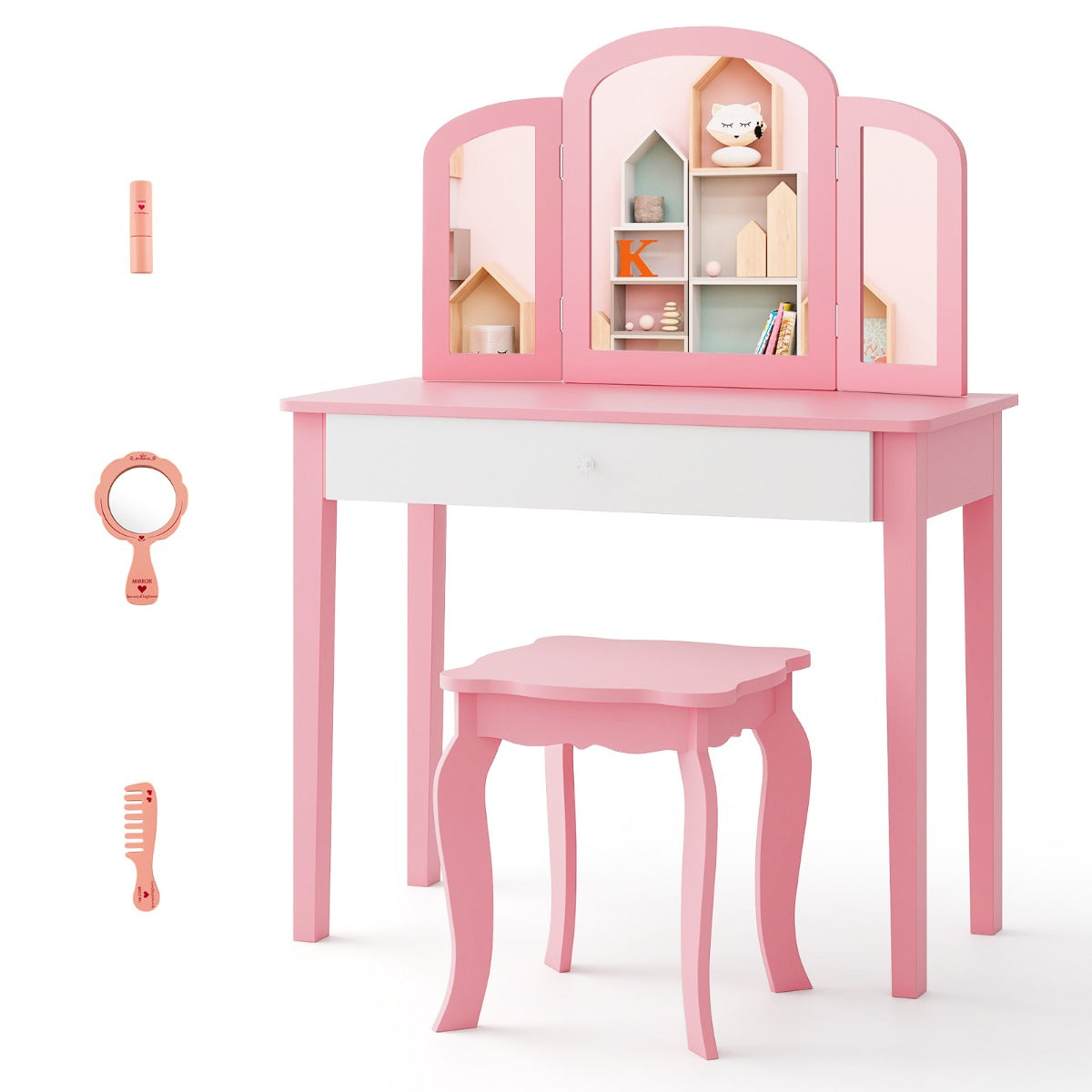 Sminkbord – och stolset för barn med hopfällbar spegel låda + – Rosa