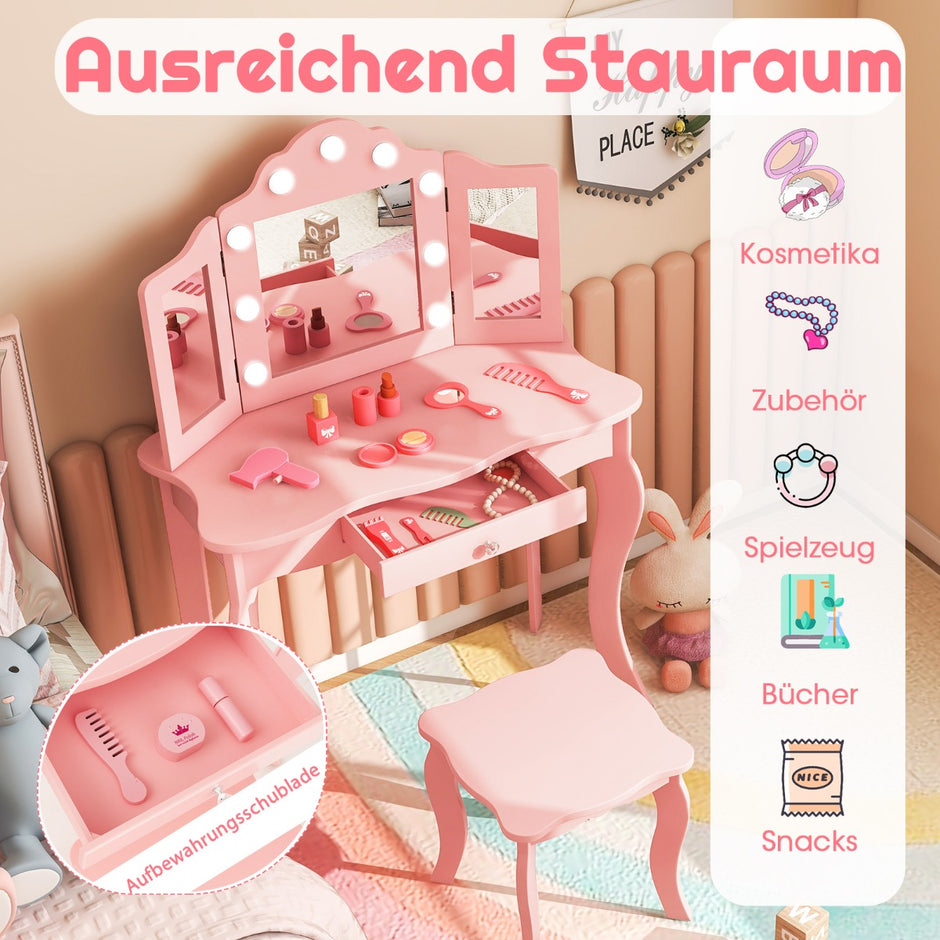 i – toalettbord för barn med LED lampor och hopfällbar spegel lådor – 2 1 – Rosa