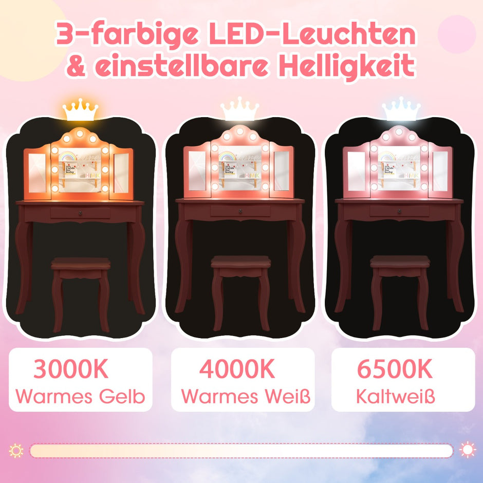 i – toalettbord för barn med LED lampor och hopfällbar spegel lådor – 2 1 – Vit
