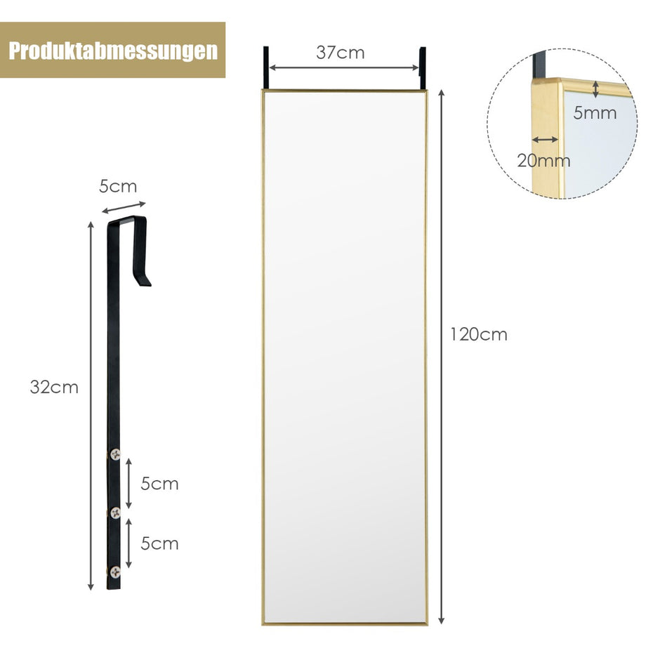 Hellängdsspegel – med höjdjusterbara hängkrokar Väggspegel Gyllene – 37 x 120 cm – Guld