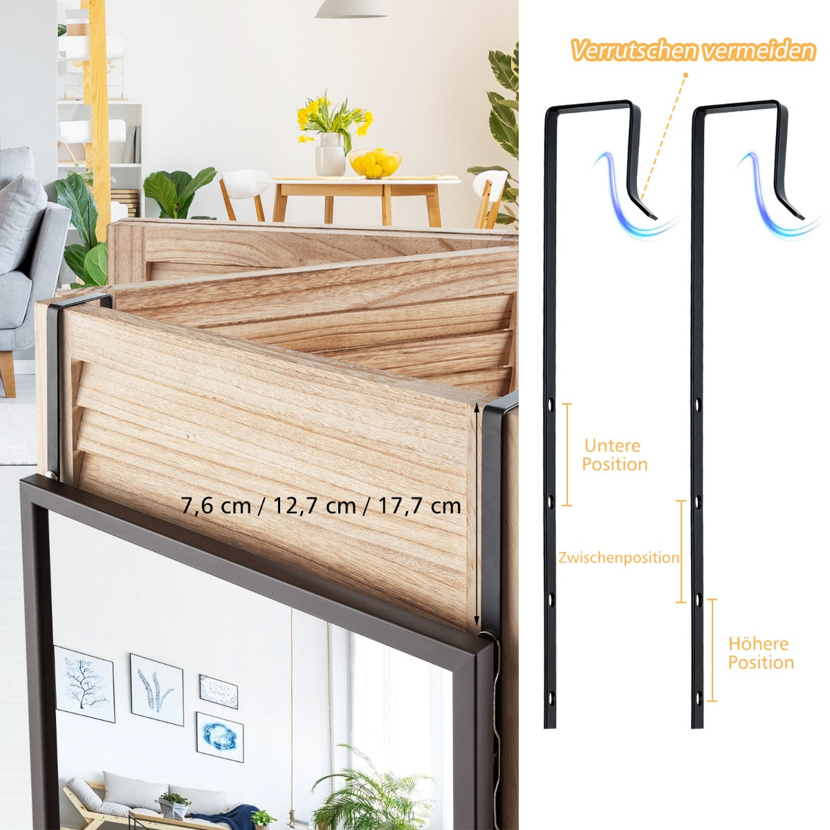 Hellängdsspegelväggspegel – med höjdjusterbara hängkrokar – 36,5 x 1,5 x 107 cm – Brun