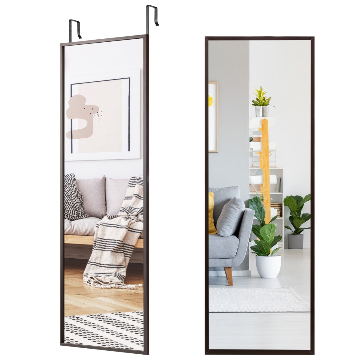 Hellängdsspegelväggspegel – med höjdjusterbara hängkrokar – 36,5 x 1,5 x 107 cm – Brun