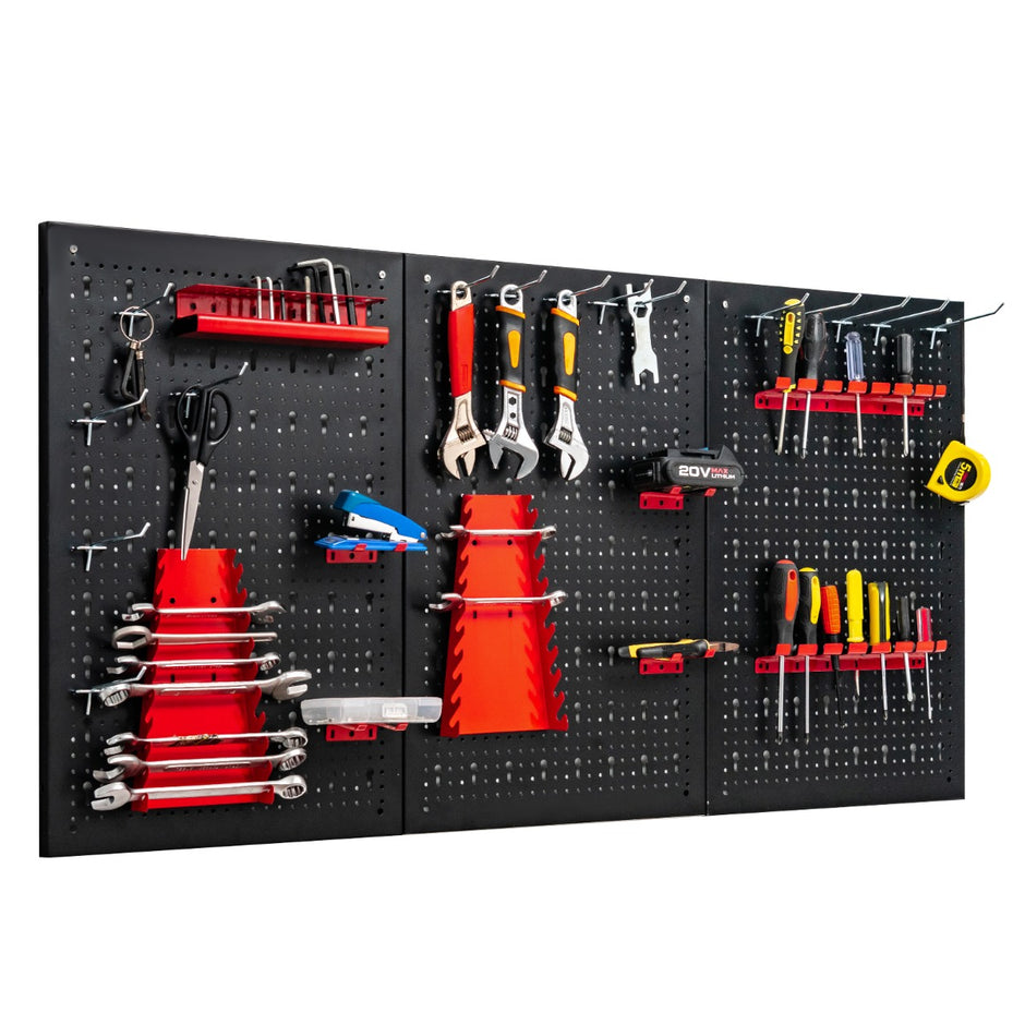 Verktygsvägg – med hängande tillbehör förvaringssystem verktygshållare sortiment perforerade paneler – 25 3 120 x 60 cm – Röd och svart