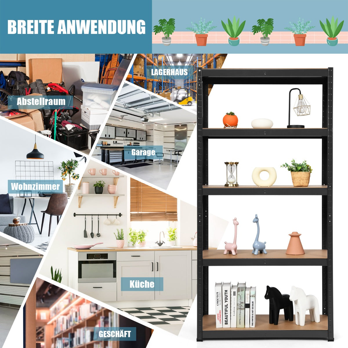 nivå – förvaringsställ, platsbesparande kraftigt plug in metallställ, verkstadsställ – 5 – Svart
