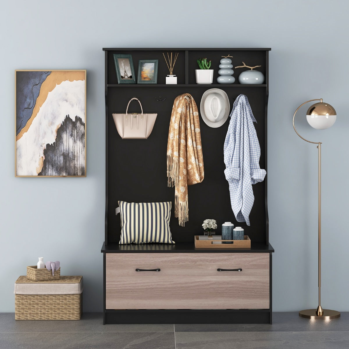Klädställ – med bänk och dubbla krokar klädhängare Hall – 5 100 x 40 x 160 cm – Svart