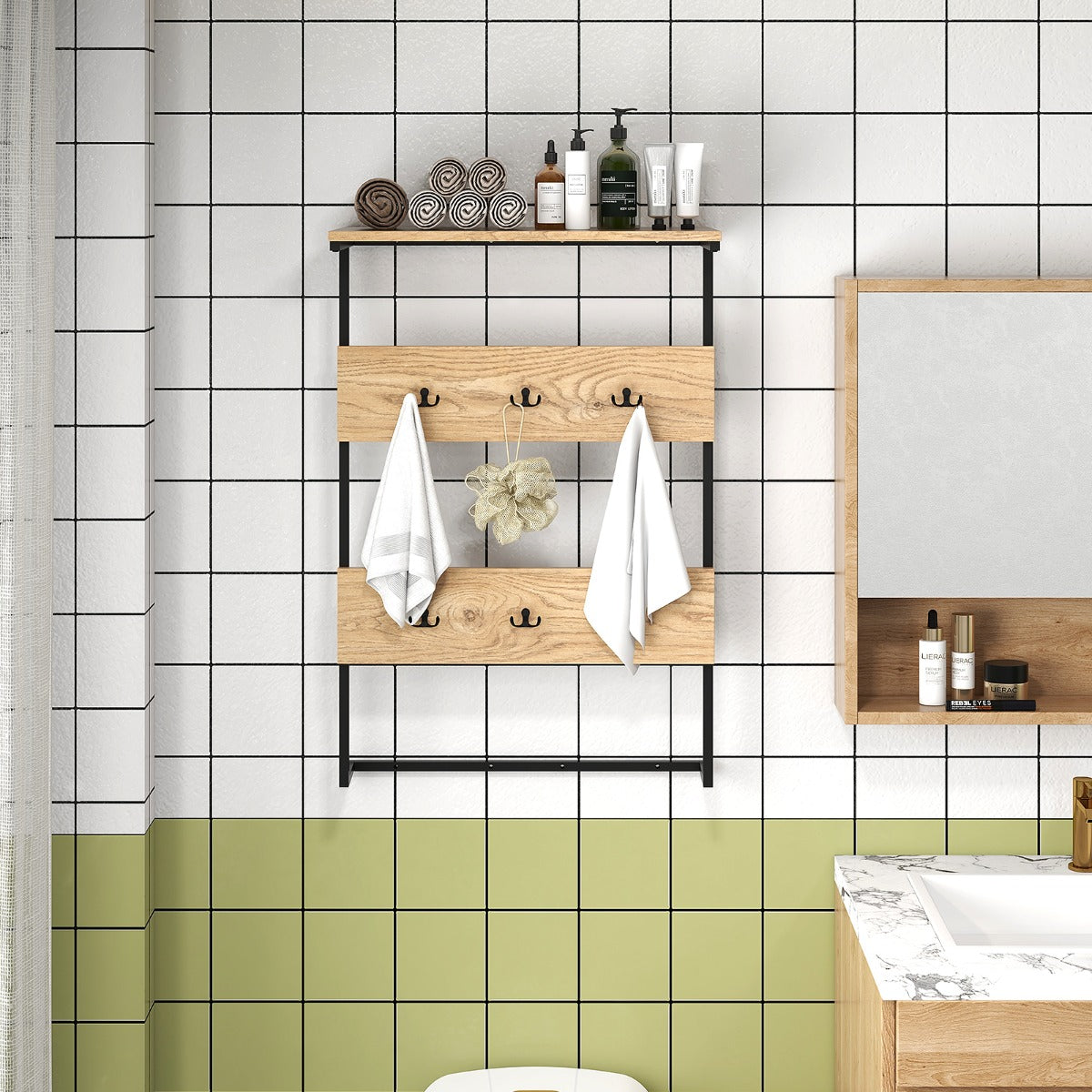 Vägghylla – med och krokar Industriell klädstång – 6 – Natur