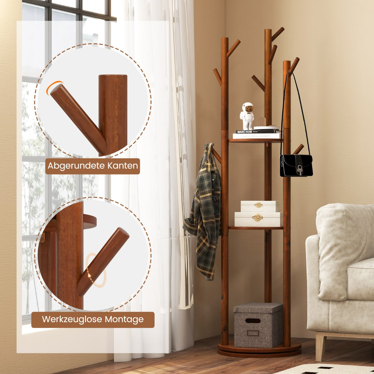Roterande – klädhängare med förvaringsfack och krokar för rockar – 3 9 42 x 167 cm – Valnöt
