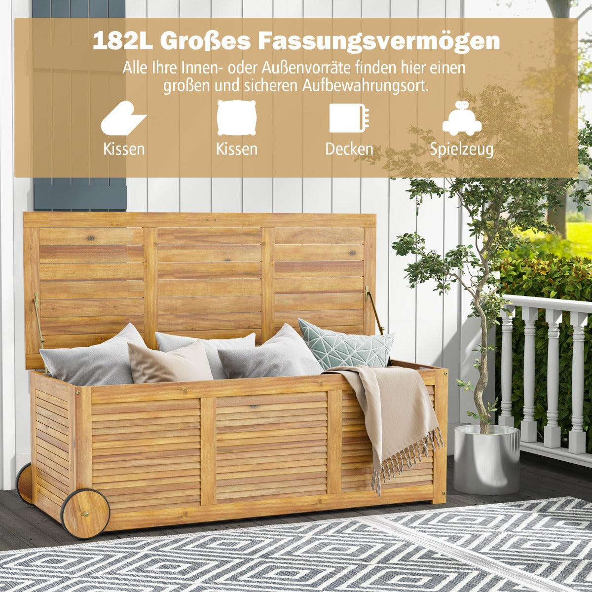 182L – Trädgårdslåda på hjul med vattentät innerväska och handtag – 127 x 50 x 45 cm – Natur