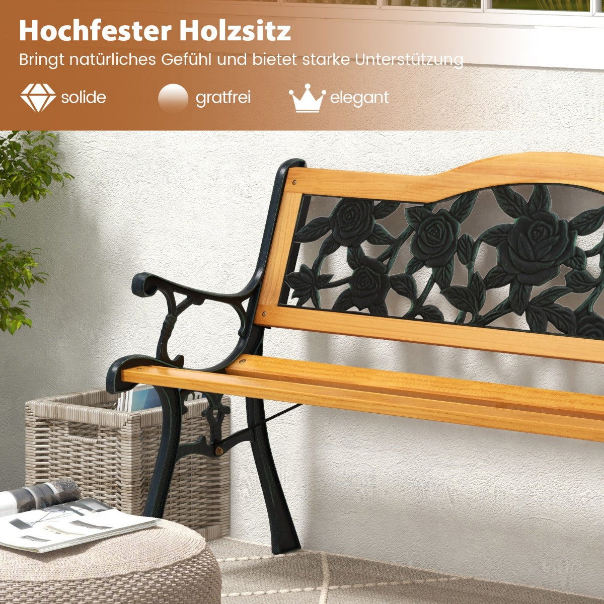 Trädgårdsbänk – väderbeständig sits med armstöd balkongbänk träbänk – 2 126 x 52 x 76 cm – Natur