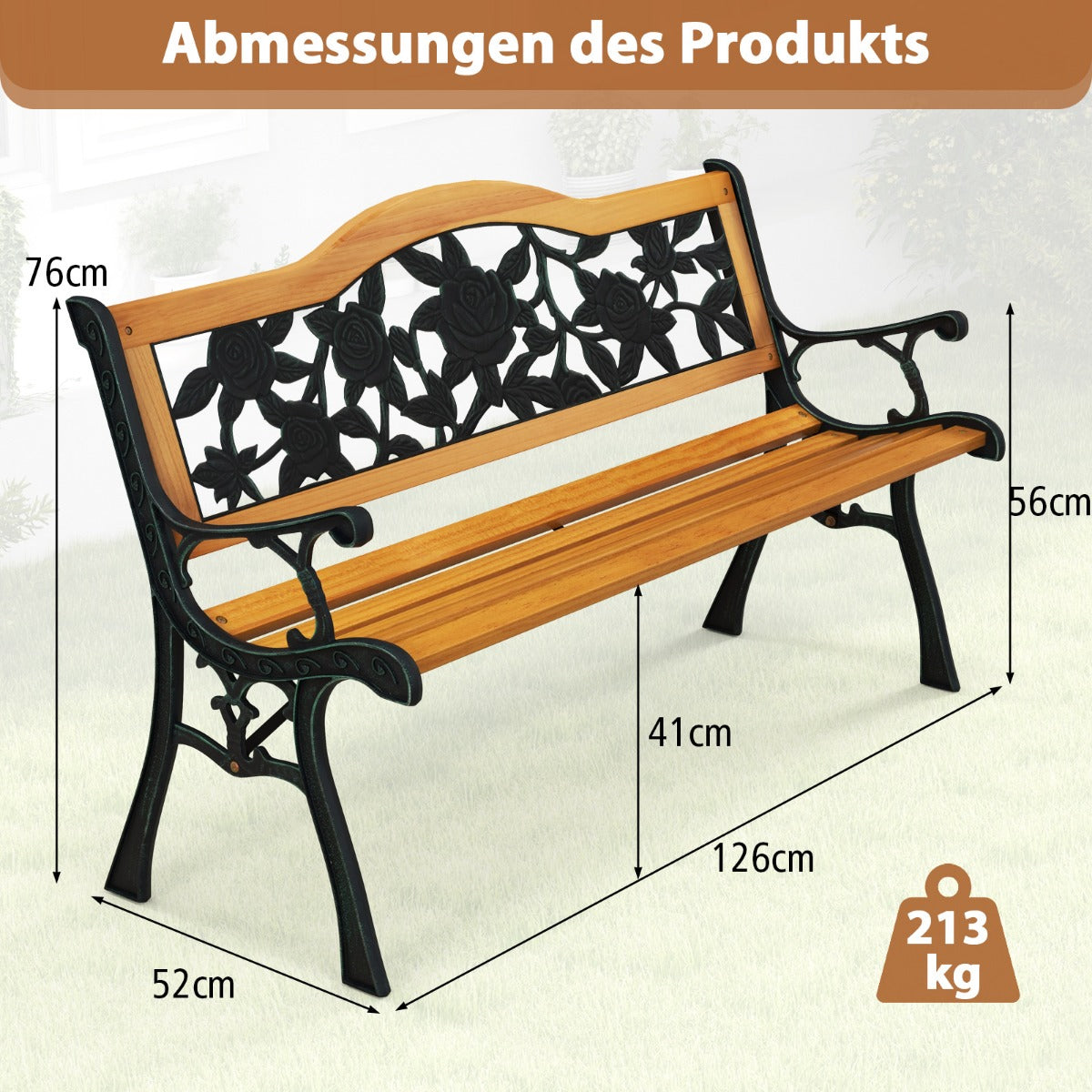 Trädgårdsbänk – väderbeständig sits med armstöd balkongbänk träbänk – 2 126 x 52 x 76 cm – Natur