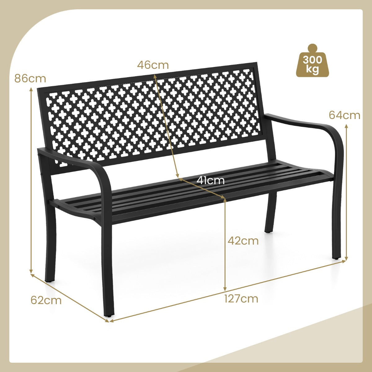 Trädgårdsbänk – Metall väderbeständig för sitsig parkbänk med ryggstöd och armstöd – 2-3 127 x 62 x 86 cm – Svart