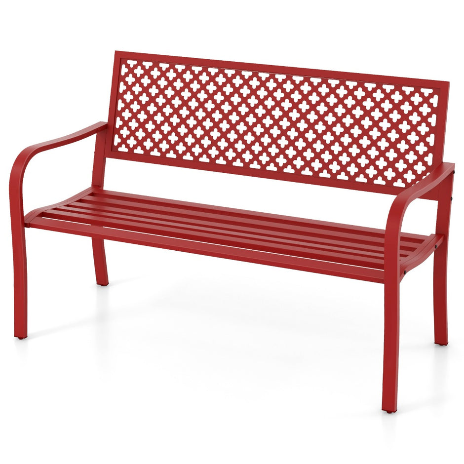 Trädgårdsbänk – Metall väderbeständig för sits parkbänk med ryggstöd och armstöd – 2-3 127 x 62 x 86 cm – Röd