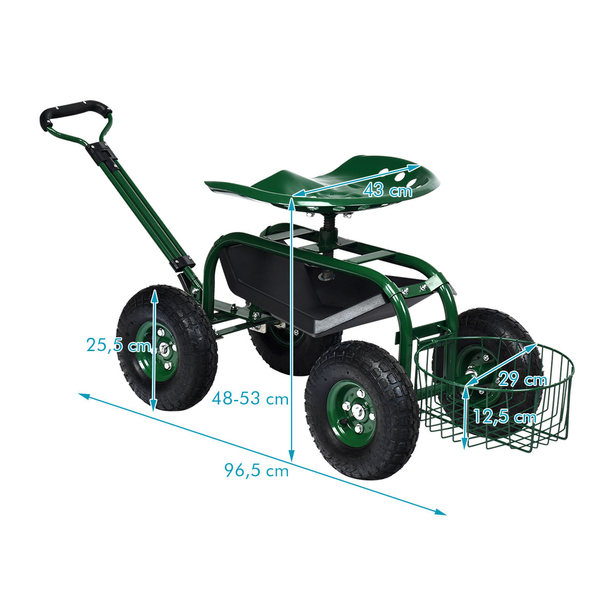 Rullstol – med hjul och utdragbart handtag korg 360° roterande trädgårdsvagn trädgårdssäte – 96,5 x 48,5 x 45,5-54,5 cm – Grön
