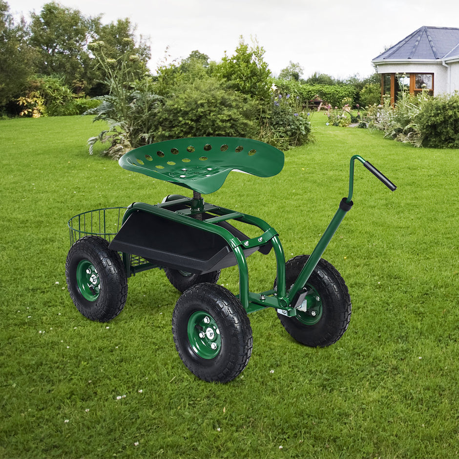 Rullstol – med hjul och utdragbart handtag korg 360° roterande trädgårdsvagn trädgårdssäte – 96,5 x 47,5 x 47-55 cm – Grön