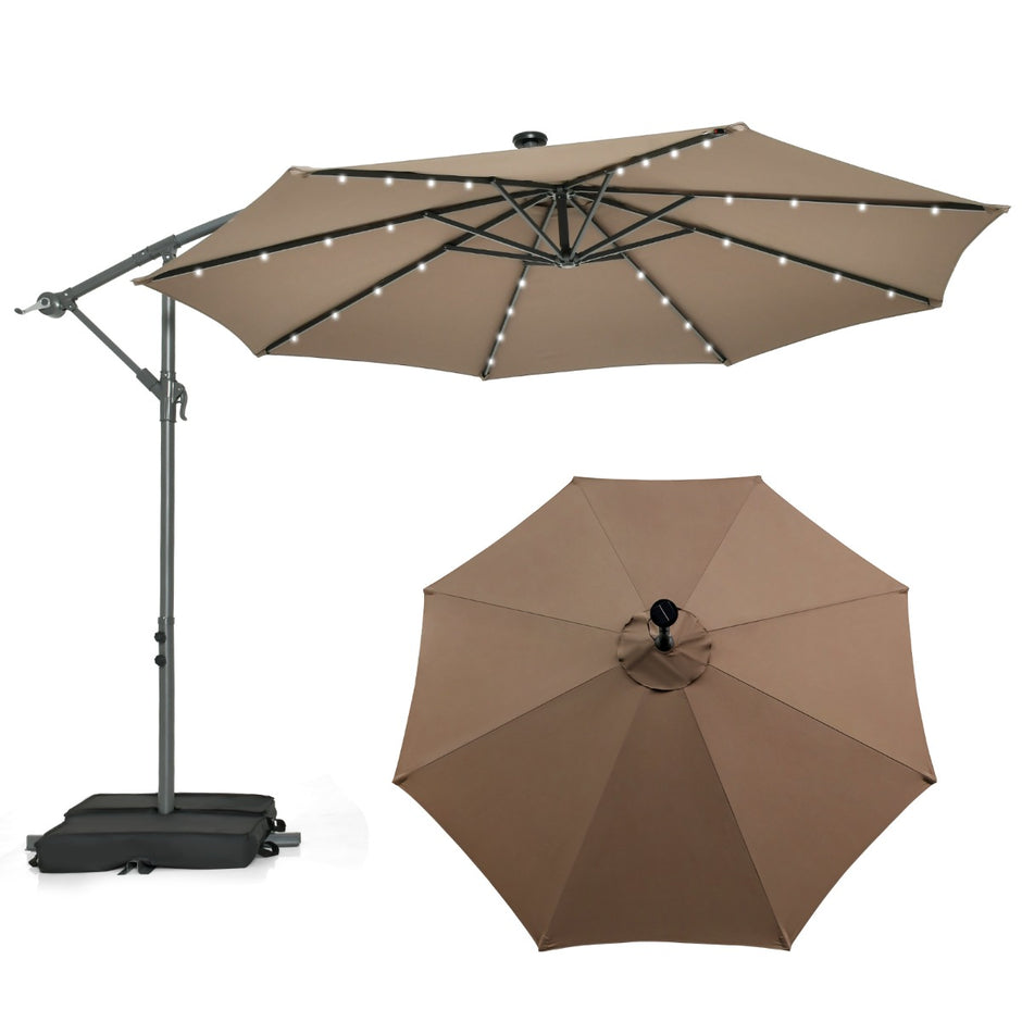 Fribärande – parasoll med solar LED lampor och sandsäckar vev UV skydd – 40 Ø 300 cm – Brun