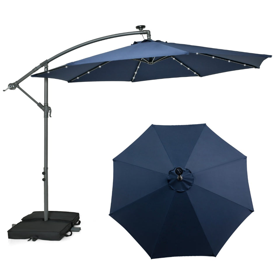 Fribärande – paraply med solar LED lampor och sandsäckar vev UV skydd parasoll – 40 Ø 300 cm – Blå