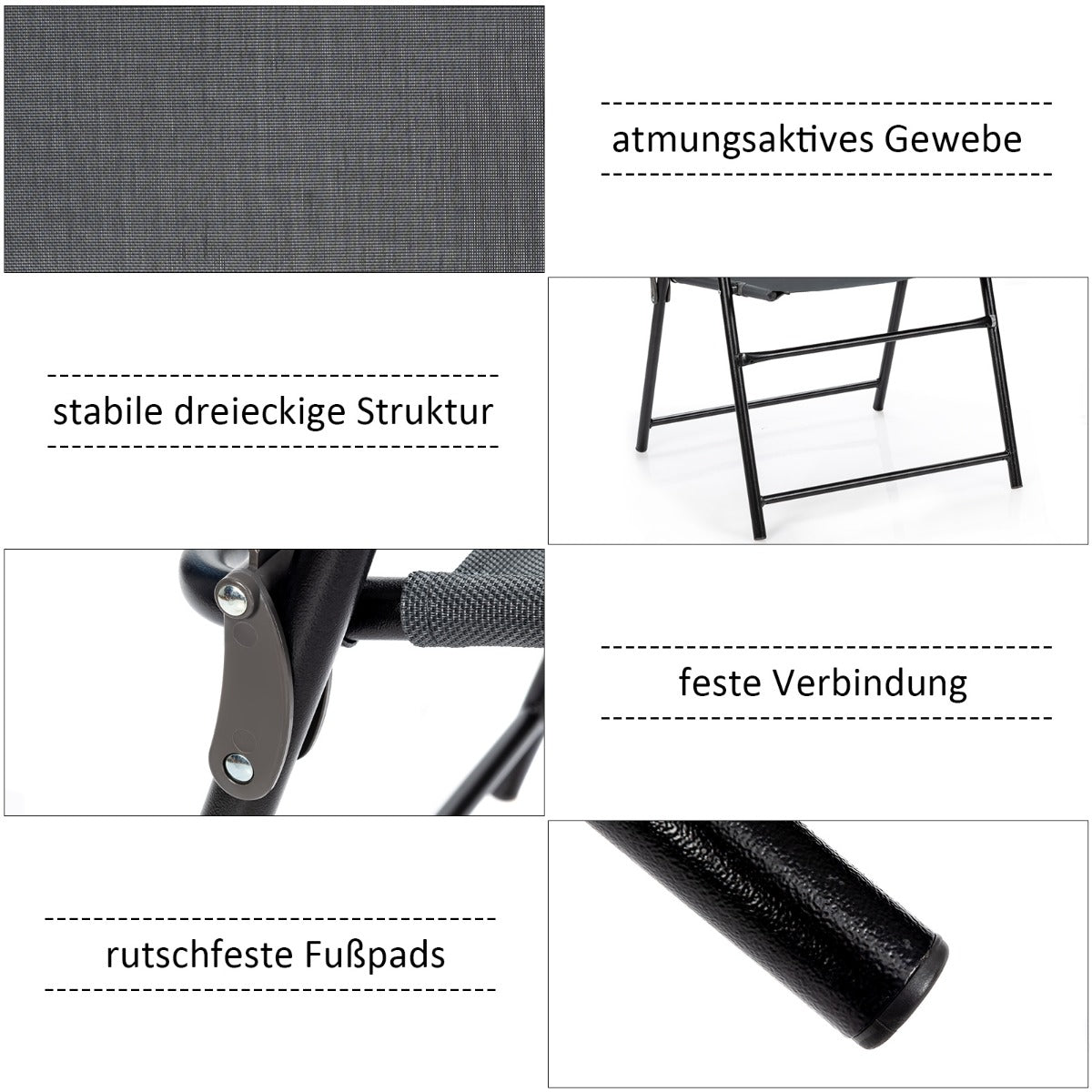 Set – med fällbara utomhusstolar andningsbart tyg och halkfria fotkuddar uteplatsstol – 4 – Grå