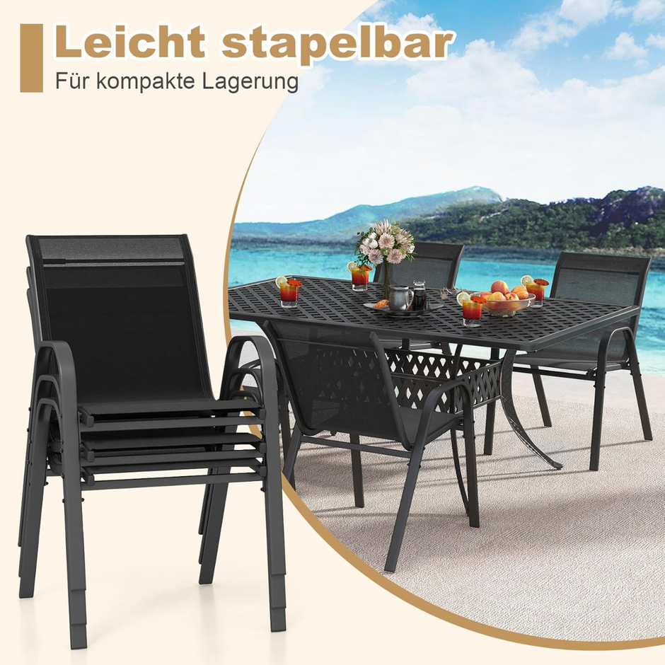 Set – med stapelbara trädgårdsstolar gjorda av textilen och metallram – 4 56 x 70 x 84 cm – Svart