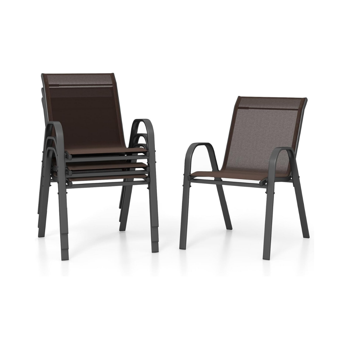 Set – med stapelbara trädgårdsstolar gjorda av textilen och metallram – 4 56 x 70 x 84 cm – Brun