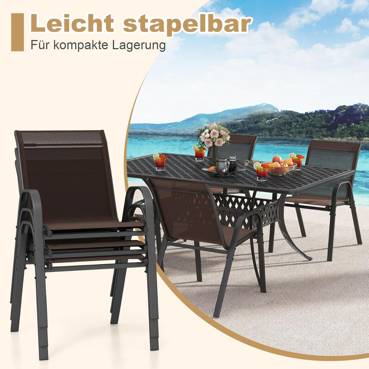 Set – med stapelbara trädgårdsstolar gjorda av textilen och metallram – 4 56 x 70 x 84 cm – Brun