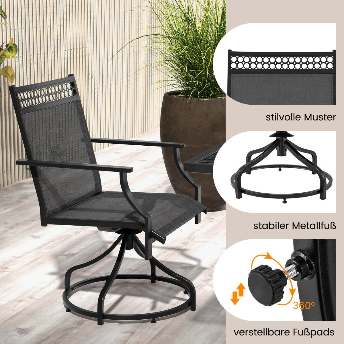 Trädgårdsstolar – 360° vridbar set om uteplatsstolar med snabbtorkande tyg – 2 65 x 61 x 90 cm – Svart