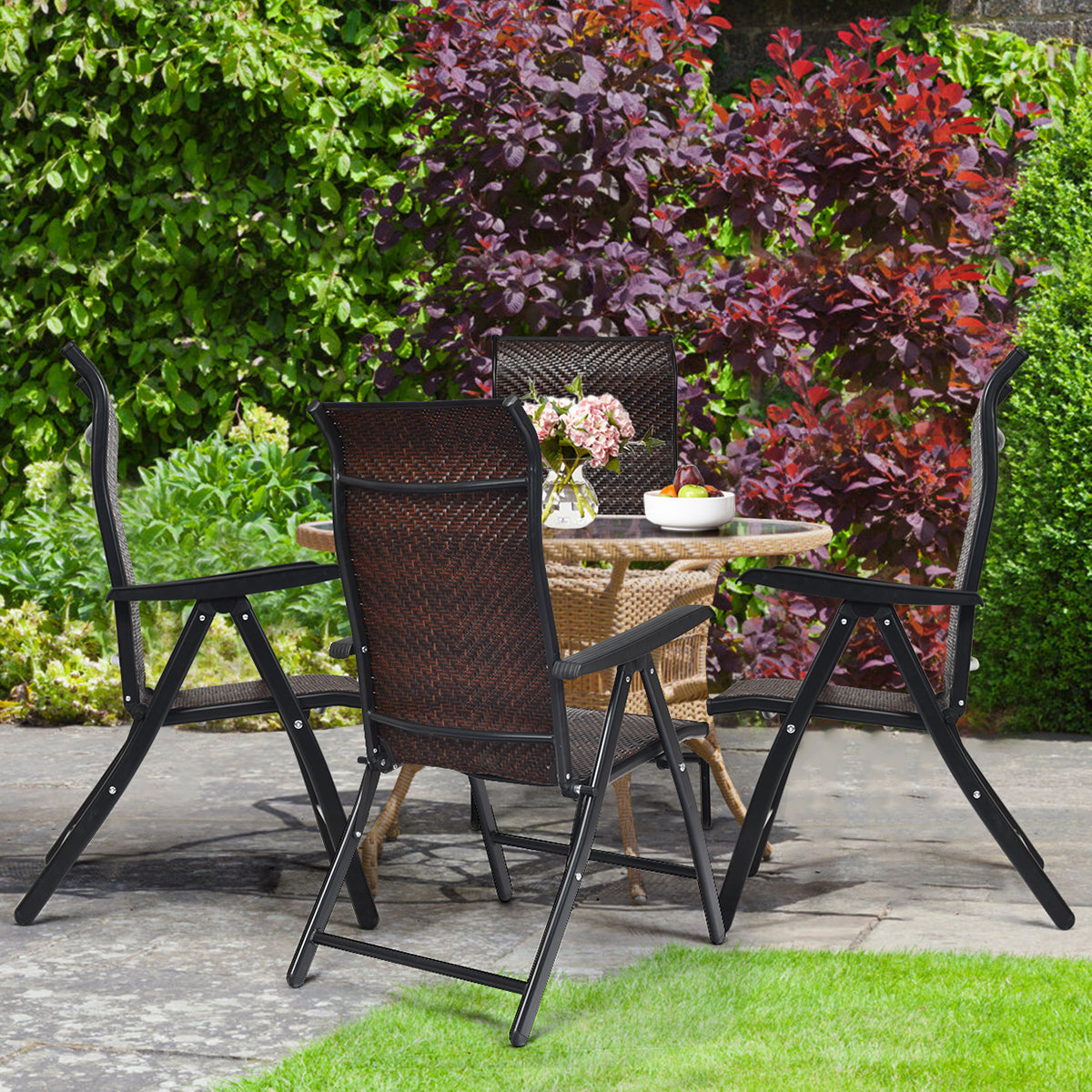 Trädgårdsstol – polyrattan hopfällbar med vägs justerbart ryggstöd – 5 69 x 58 x 85-112 cm – Brun