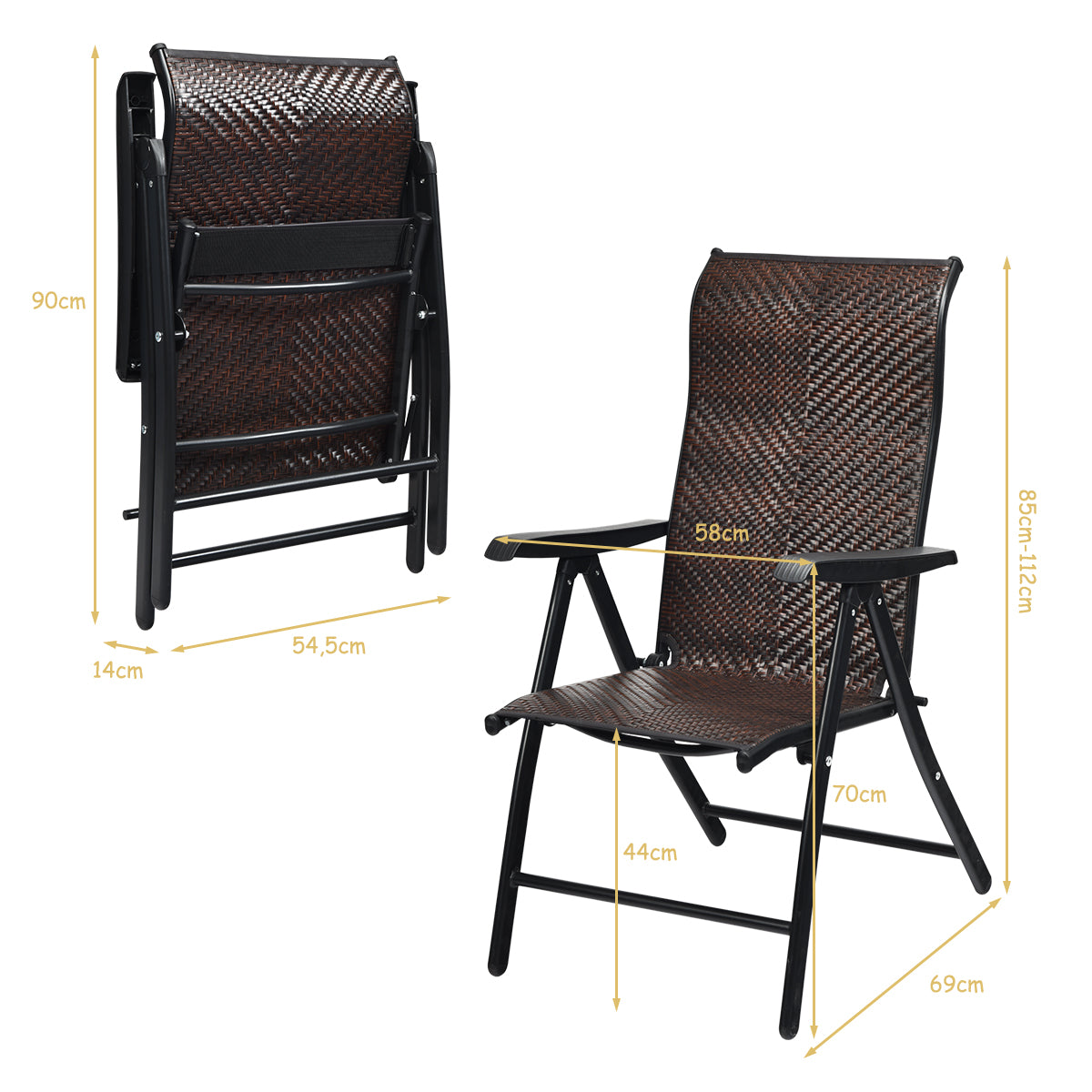 Trädgårdsstol – polyrattan hopfällbar med vägs justerbart ryggstöd – 5 69 x 58 x 85-112 cm – Brun