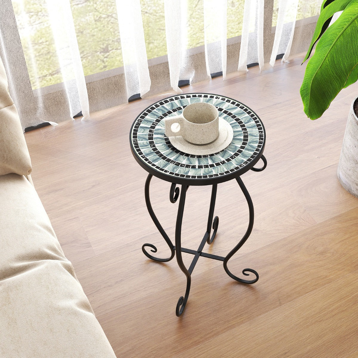 Runt – sidobord mosaikbord av metall och keramik ∅30 x för balkong terrass trädgård – 50 cm – Grå