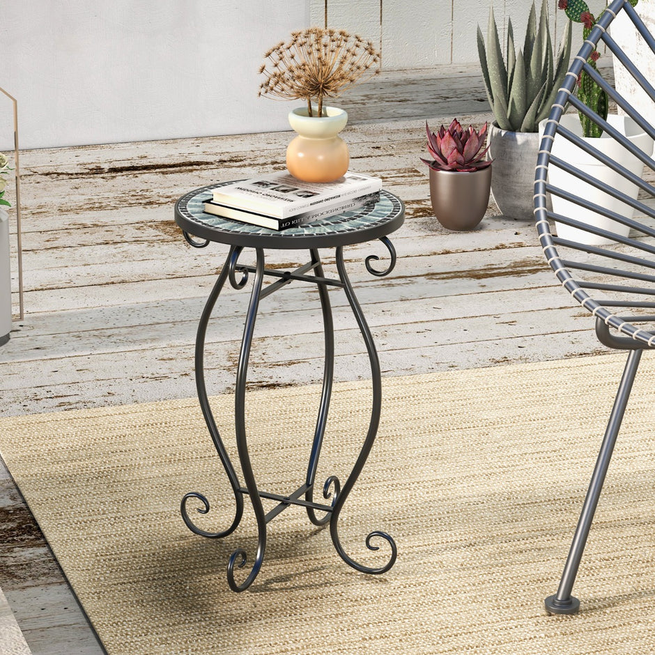 Runt – sidobord mosaikbord av metall och keramik ∅30 x för balkong terrass trädgård – 50 cm – Grå