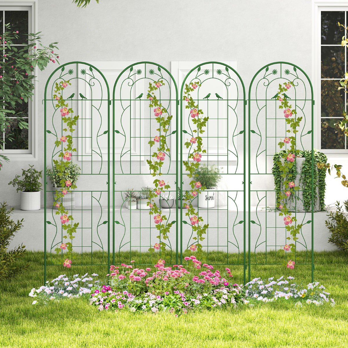 Spaljé – Metall Set med Dekorativt trädgårdsstaket Fristående – 4 180 x 50 cm – Grön