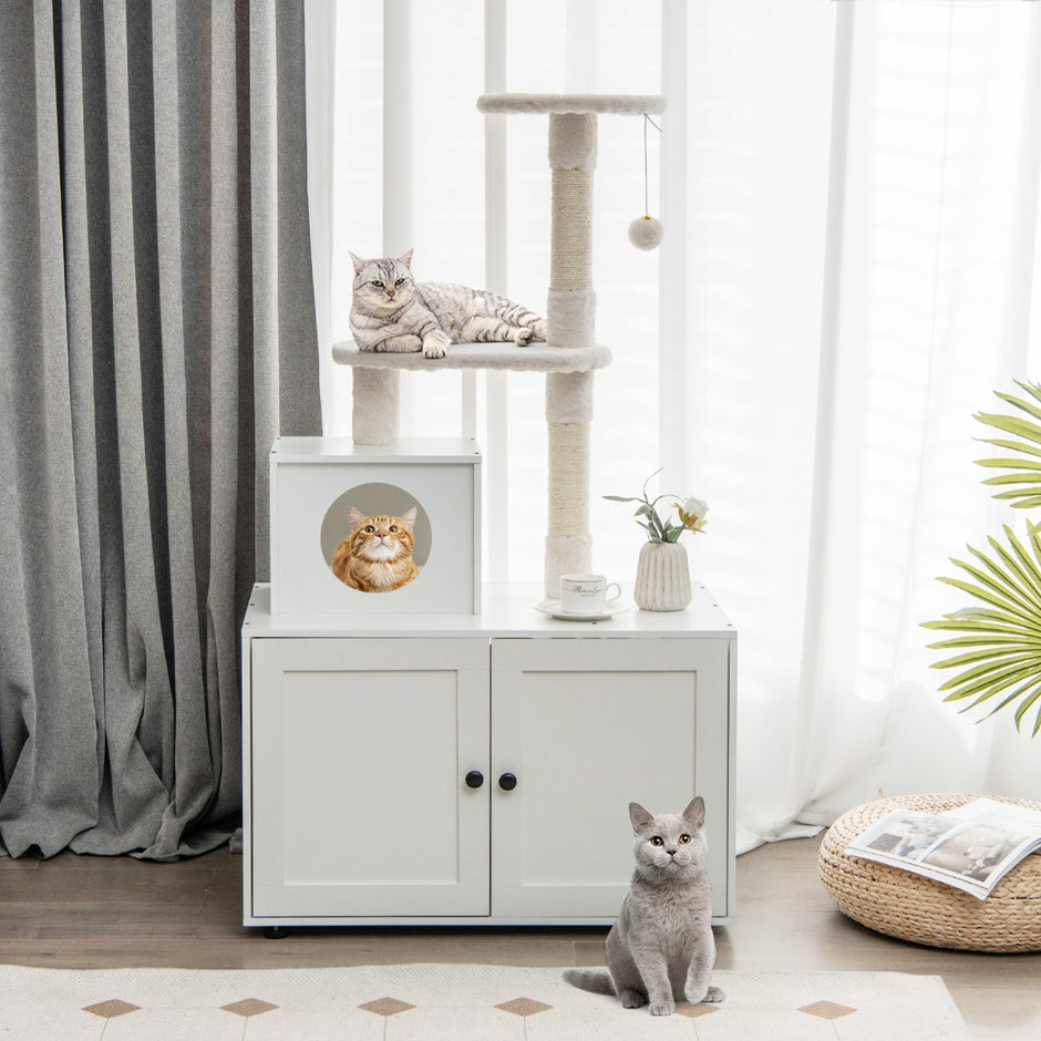 Kattskåp – med skrapstolpe och sisal skrapstolpshus för kattsandboxar Kattmöbler – Vit