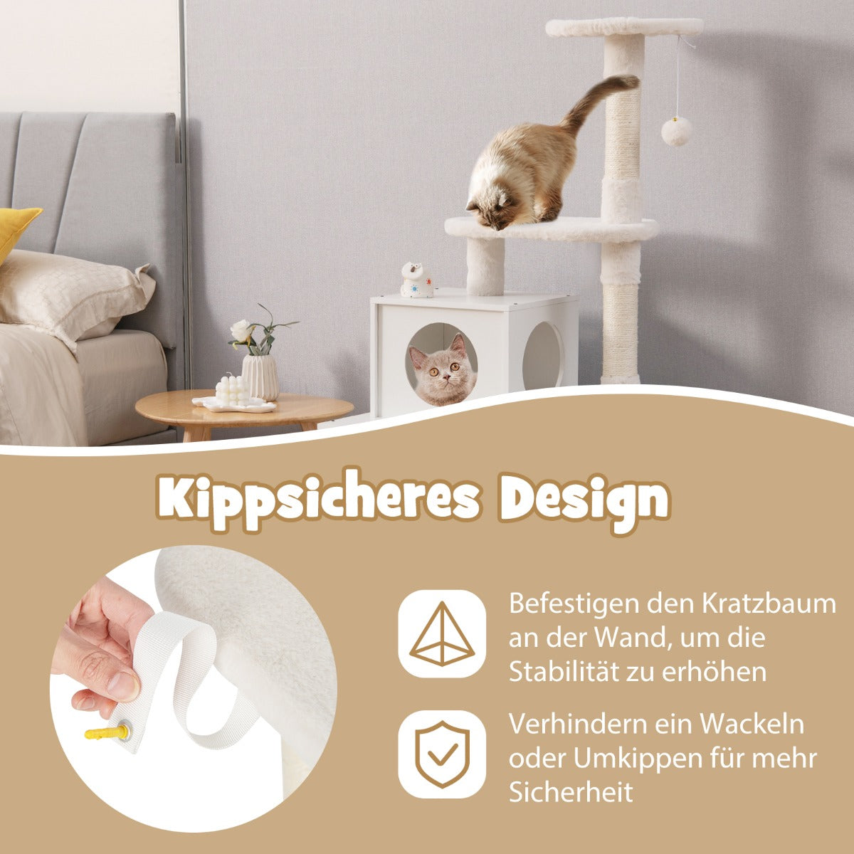 Kattskåp – med skrapstolpe och sisal skrapstolpshus för kattsandboxar Kattmöbler – Vit