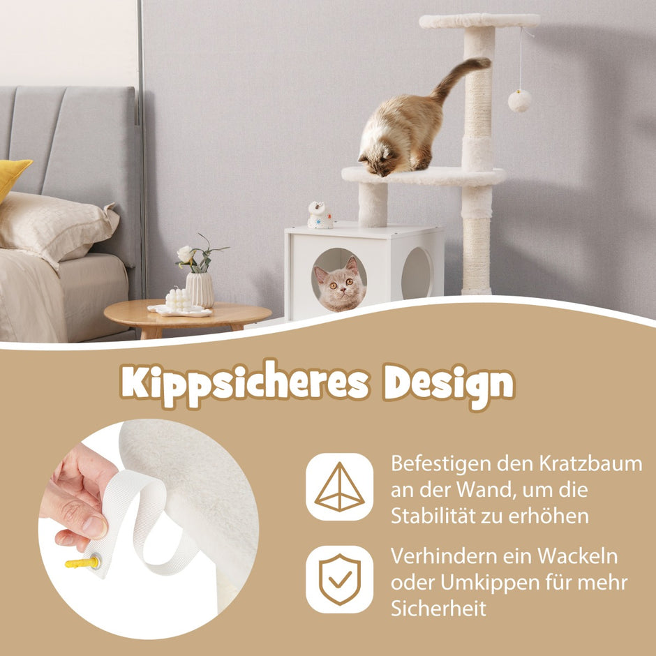 Kattskåp – med skrapstolpe och sisal skrapstolpshus för kattsandboxar Kattmöbler – Vit
