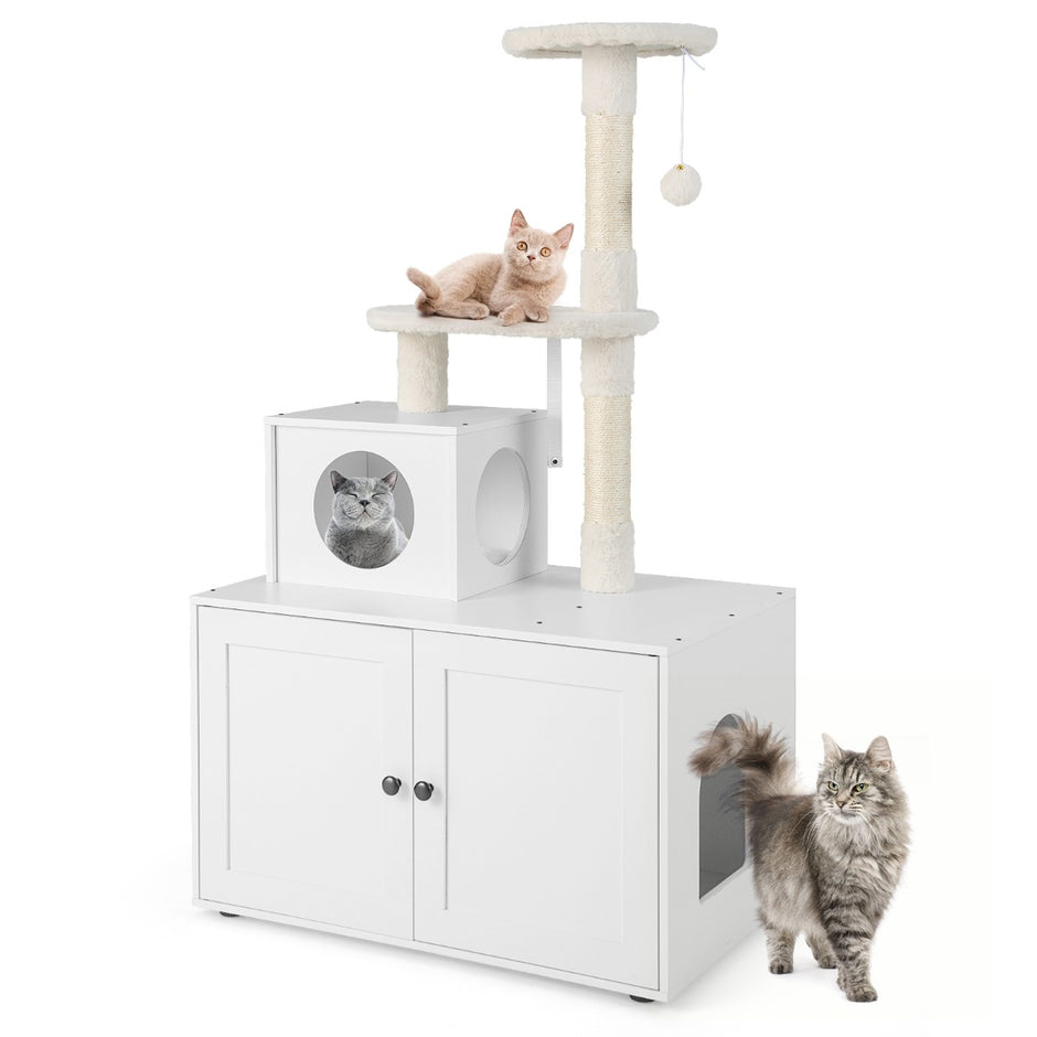 Kattskåp – med skrapstolpe och sisal skrapstolpshus för kattsandboxar Kattmöbler – Vit