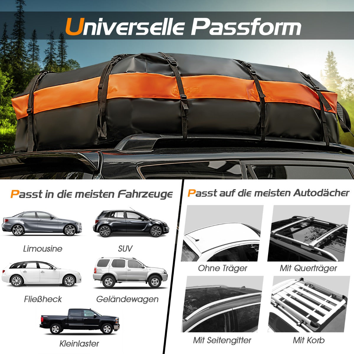 Vattentät – takbox med kapacitet för alla fordon +Orange – 600 L 132 x 100 x 43 cm – Svart